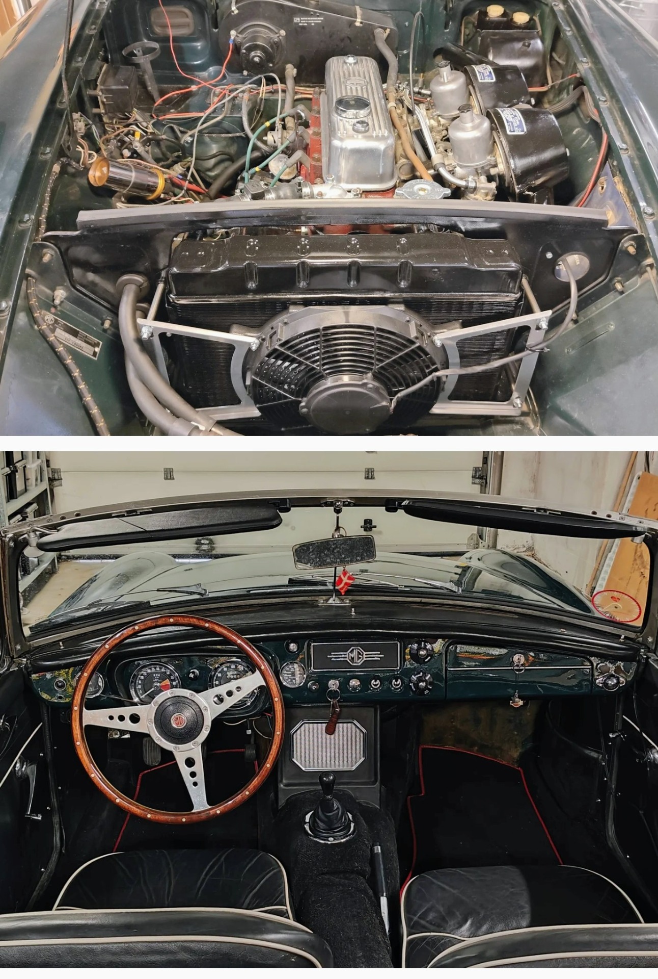 Åben MG-bilmotorhjelm med synlige komponenter og kabler samt interiør med rat og instrumentpanel.