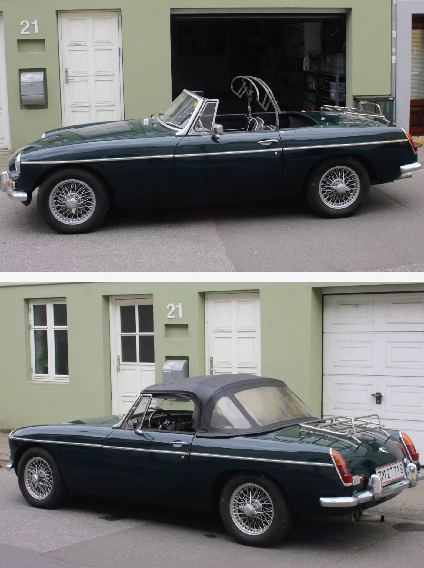 Mørkegrøn cabriolet med wirefælge og åben kaleche foran bygning med dørnummer 21.