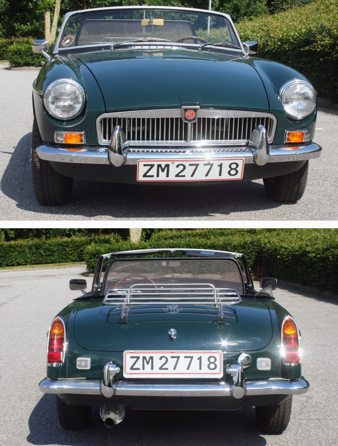 Grøn MG cabriolet set forfra og bagfra med krom kofangere.